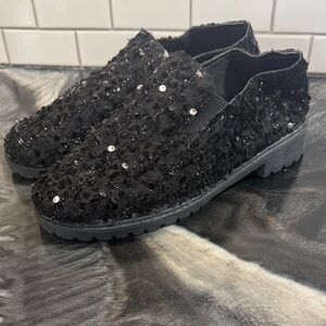 Sequin Slip-On Loafers in Black for Women